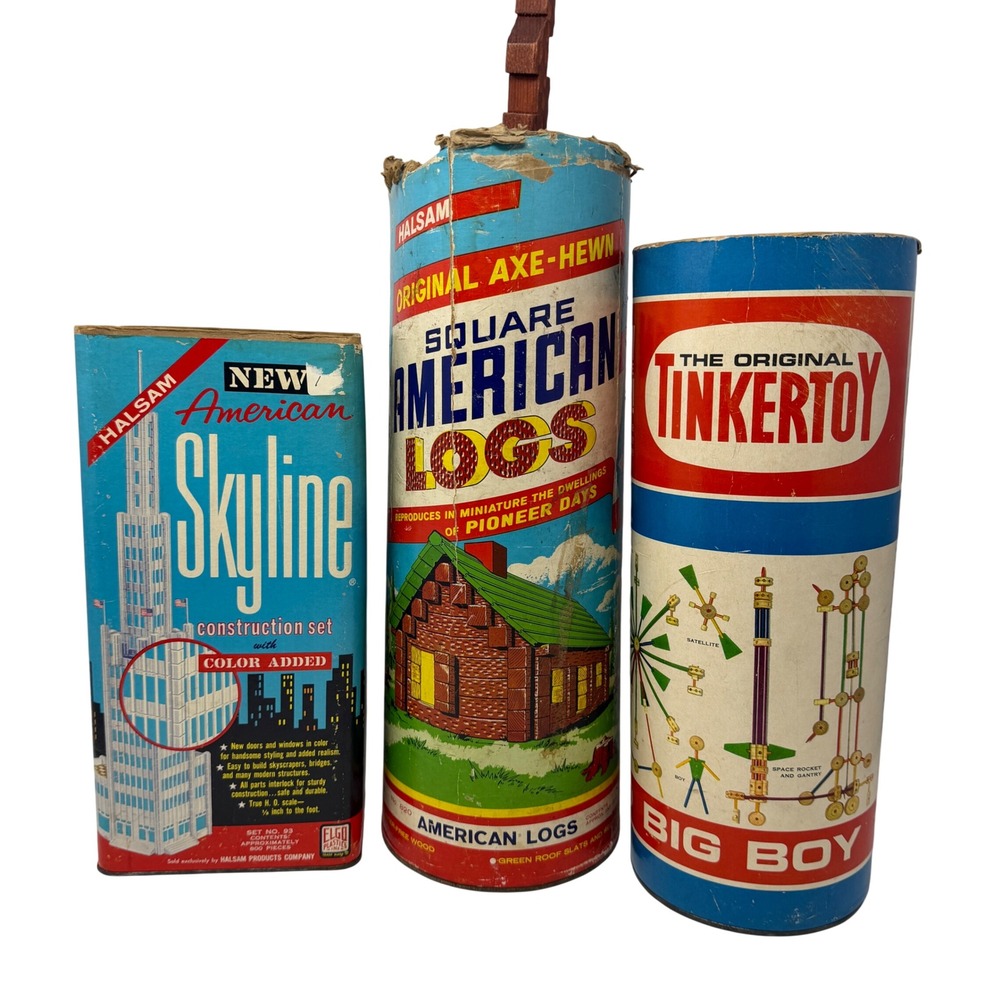 Vintage Building Toy Lot Tinkertoy American Logs Halsam Skyline 3 Sets 1950s